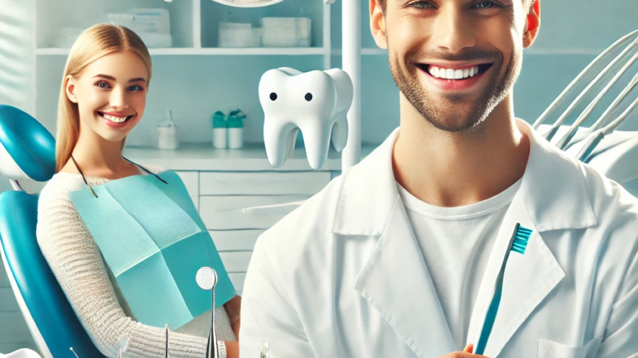 DALL·E 2024-09-12 20.32.56 - A clean, welcoming dental clinic environment with a friendly dentist holding a toothbrush, and showing a bright, healthy smile. In the background, the