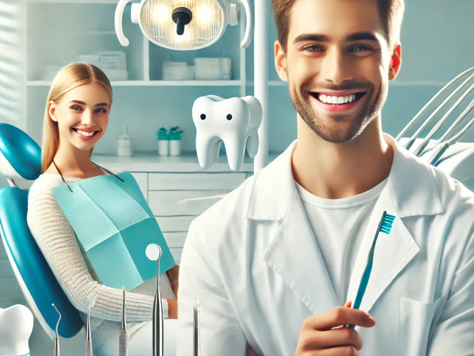 DALL·E 2024-09-12 20.32.56 - A clean, welcoming dental clinic environment with a friendly dentist holding a toothbrush, and showing a bright, healthy smile. In the background, the