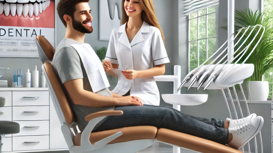 DALL·E 2024-09-13 00.25.40 - A modern dental clinic interior with a friendly dentist performing a routine checkup on a patient sitting in a chair. The clinic is clean, bright, and