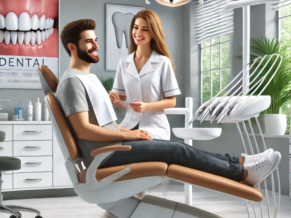 DALL·E 2024-09-13 00.25.40 - A modern dental clinic interior with a friendly dentist performing a routine checkup on a patient sitting in a chair. The clinic is clean, bright, and